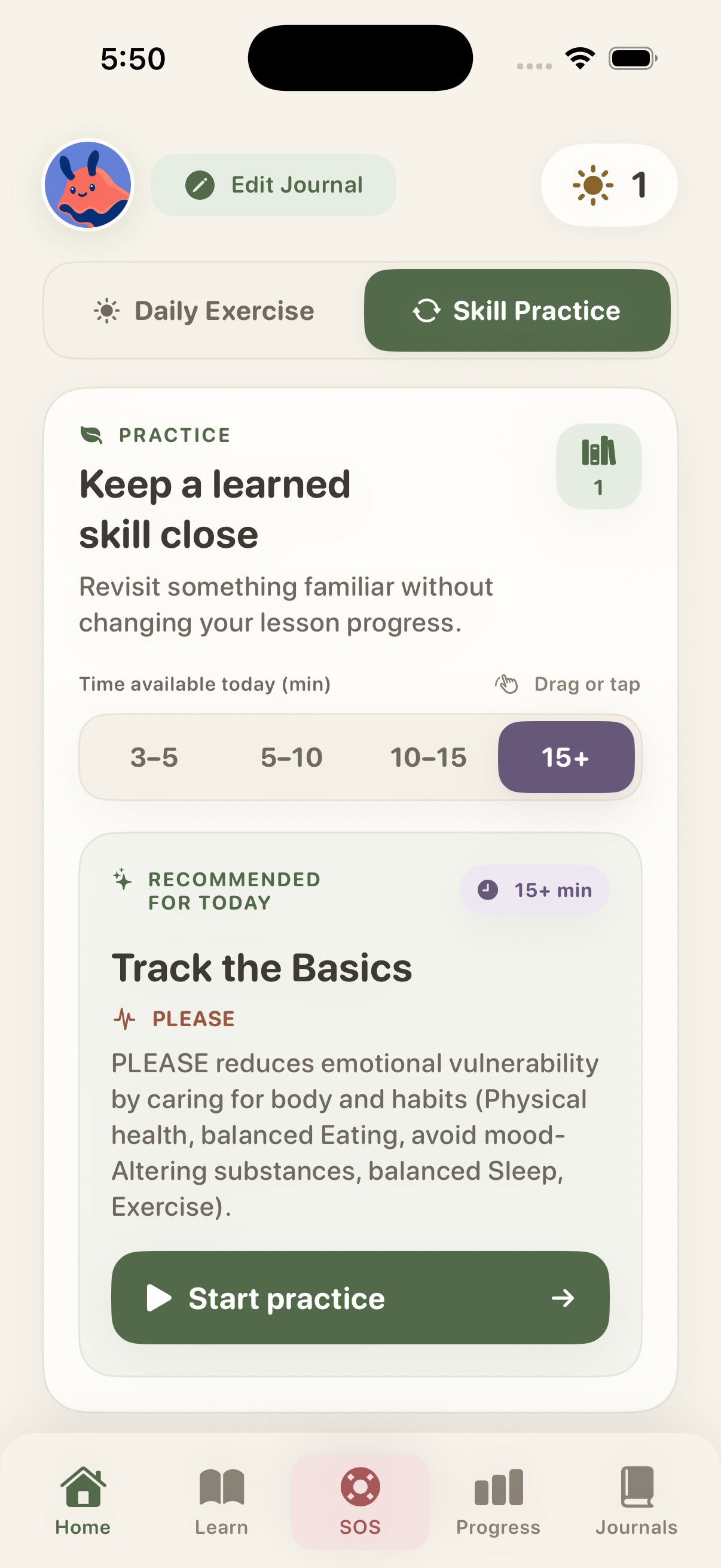 WiseMind skill practice with a time selector and a recommended exercise