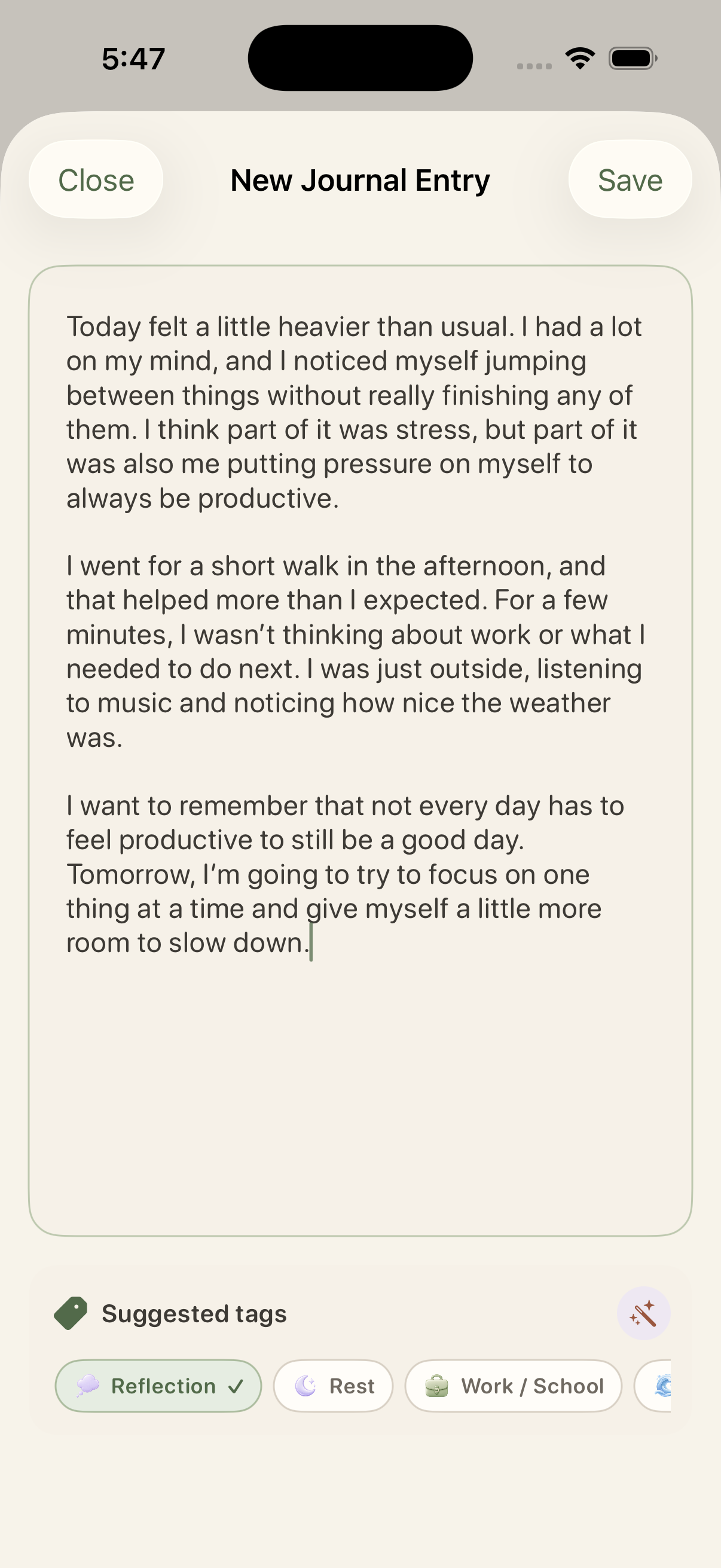 Writing a reflection in a new WiseMind journal entry