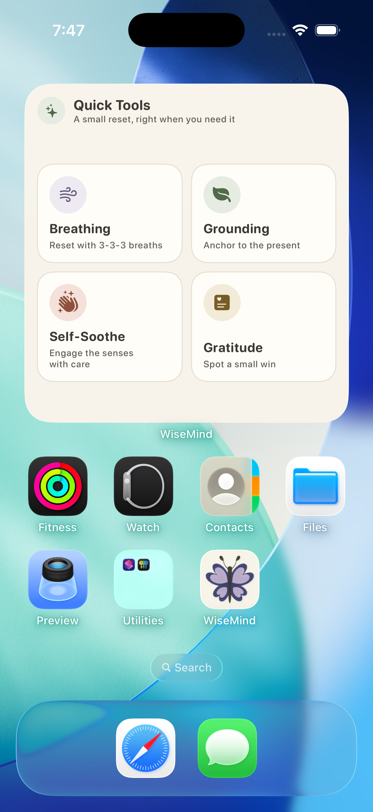 WiseMind Quick Tools widget on an iPhone home screen with Breathing, Grounding, Self-Soothe, and Gratitude